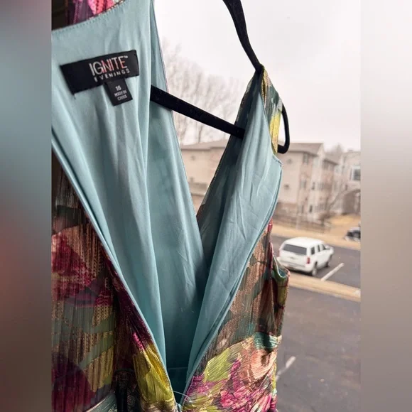 🆕 Ignite Evenings Metallic Floral Maxi Dress Size 16 Teal Gold Gown Pleated Prom - Picture 11 of 16